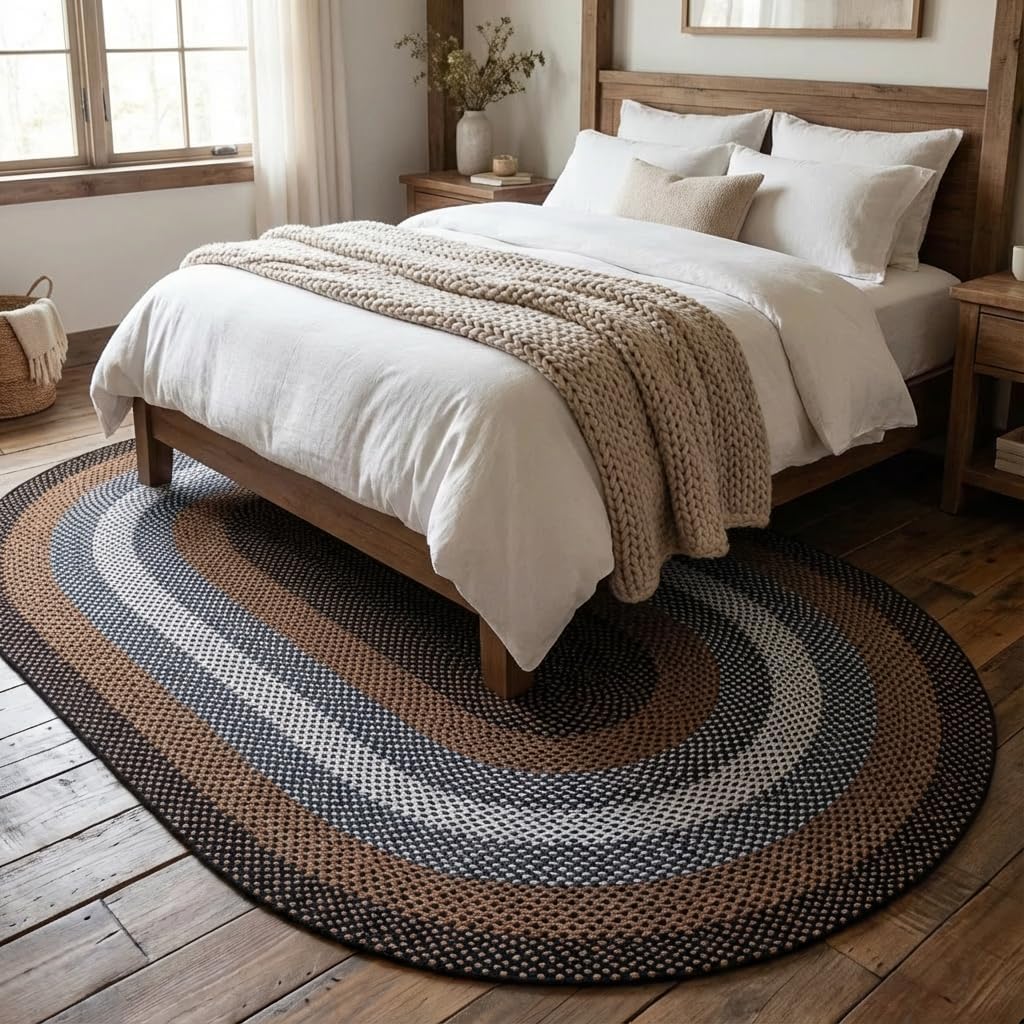 Rustic Black/Ivory/Brown Oval Braided Rug /Dining Room, Washable Outdoor Rug /Porch 6' x 9' Oval