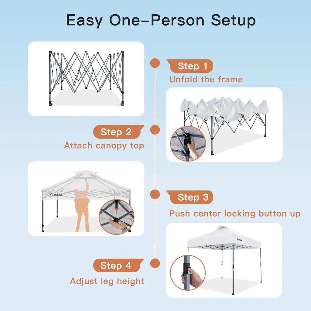 10x10 Pop Up Canopy Tent, 1-Button Push Easy-up Outdoor Canopy Beach Tent with 3-Height Adjustable Sun Shade