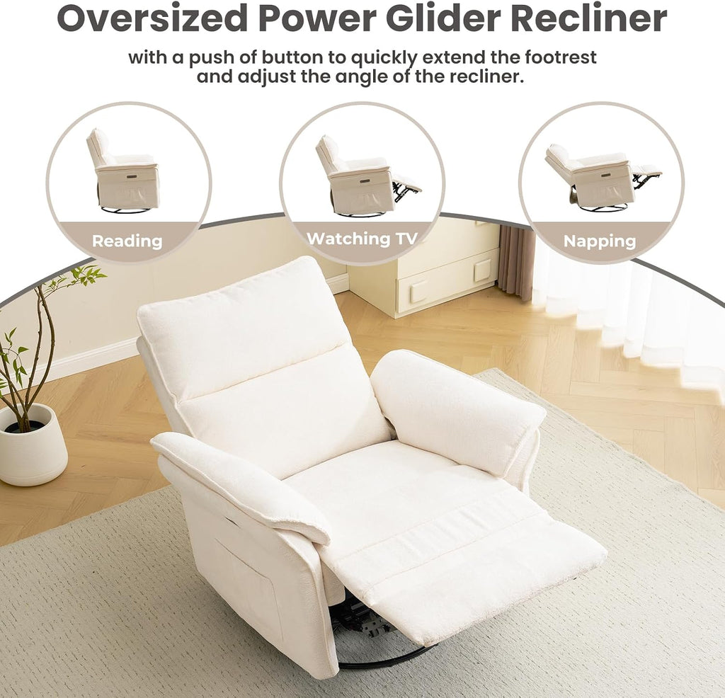 Oversized Rocking Chair Nursery with Massage and Heat, Glider Recliner Nursery Chair with Adjustable Headrest, Power