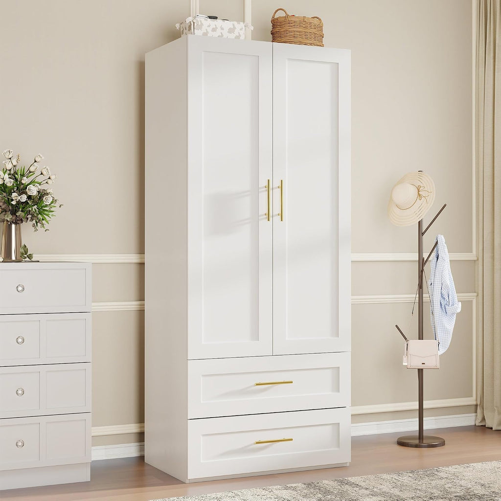 Armoire Wardrobe Closet with Drawers: 75" White Wardrobe Closet with 2 Doors and 2 Drawers, Wood Armoire Closets