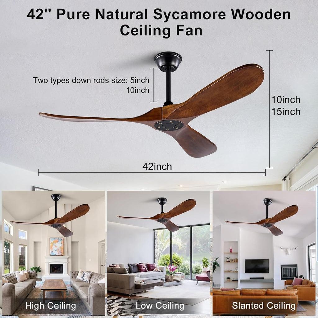 Inspired Maverick Style 42 Inch Modern Wood Ceiling Fan, 3 Blades, Dark Walnut & Black, Remote Control, Reversible DC Motor, 6 Speeds, Timer Setting, Indoor/Outdoor