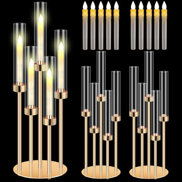 2 Set Gold Candelabra Centerpieces for Tables, 26.8 Inch 5 Arm Candle Holders with LED Candles and Acrylic Cylinders