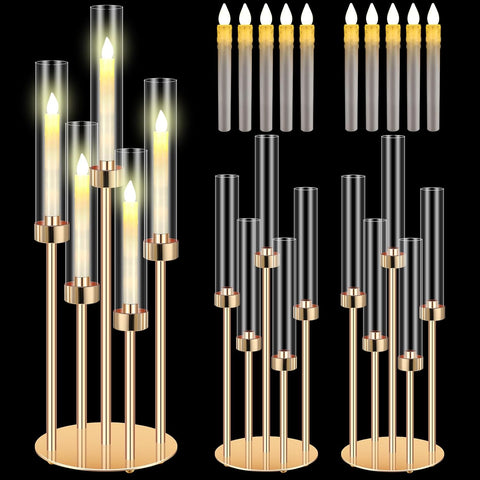 2 Set Gold Candelabra Centerpieces for Tables, 26.8 Inch 5 Arm Candle Holders with LED Candles and Acrylic Cylinders
