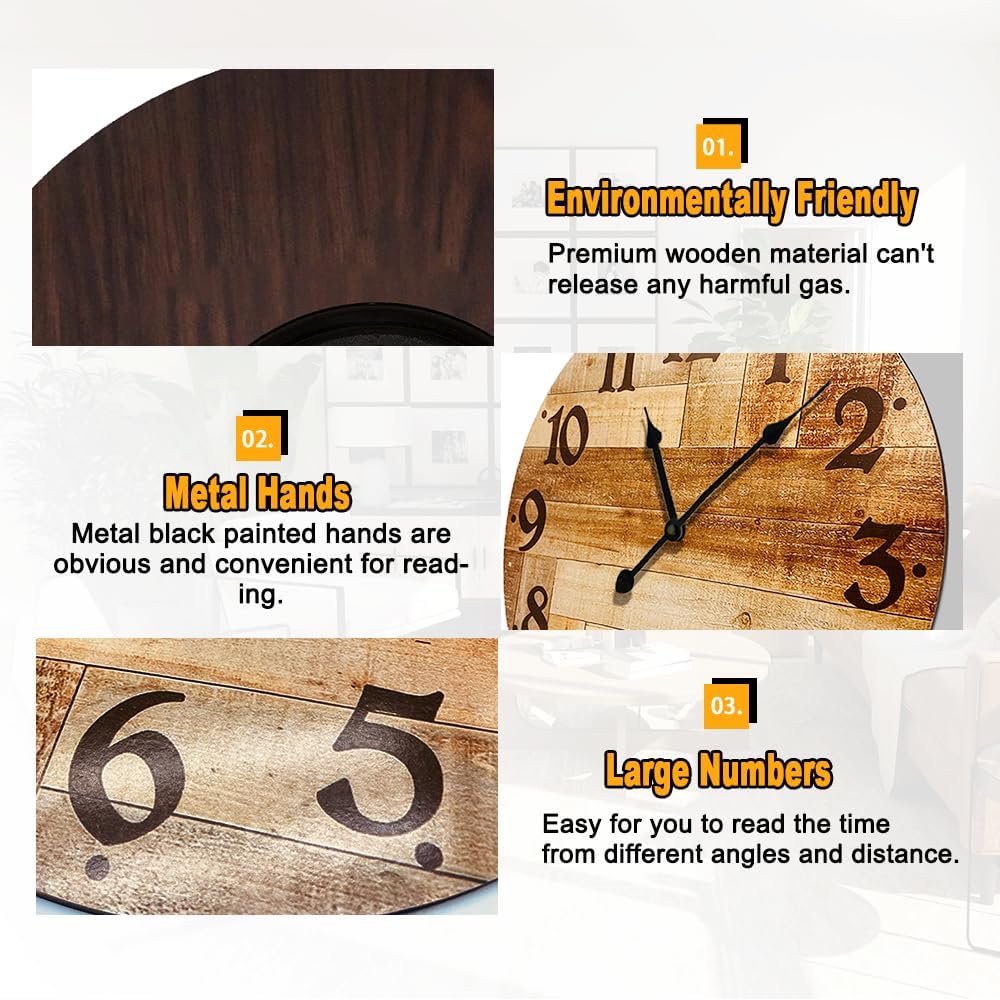 24 Inch Silent Large Wall Clock Battery Operated for Farmhouse Kitchen,Non-Ticking Retro Wall Clock with Big Numbers