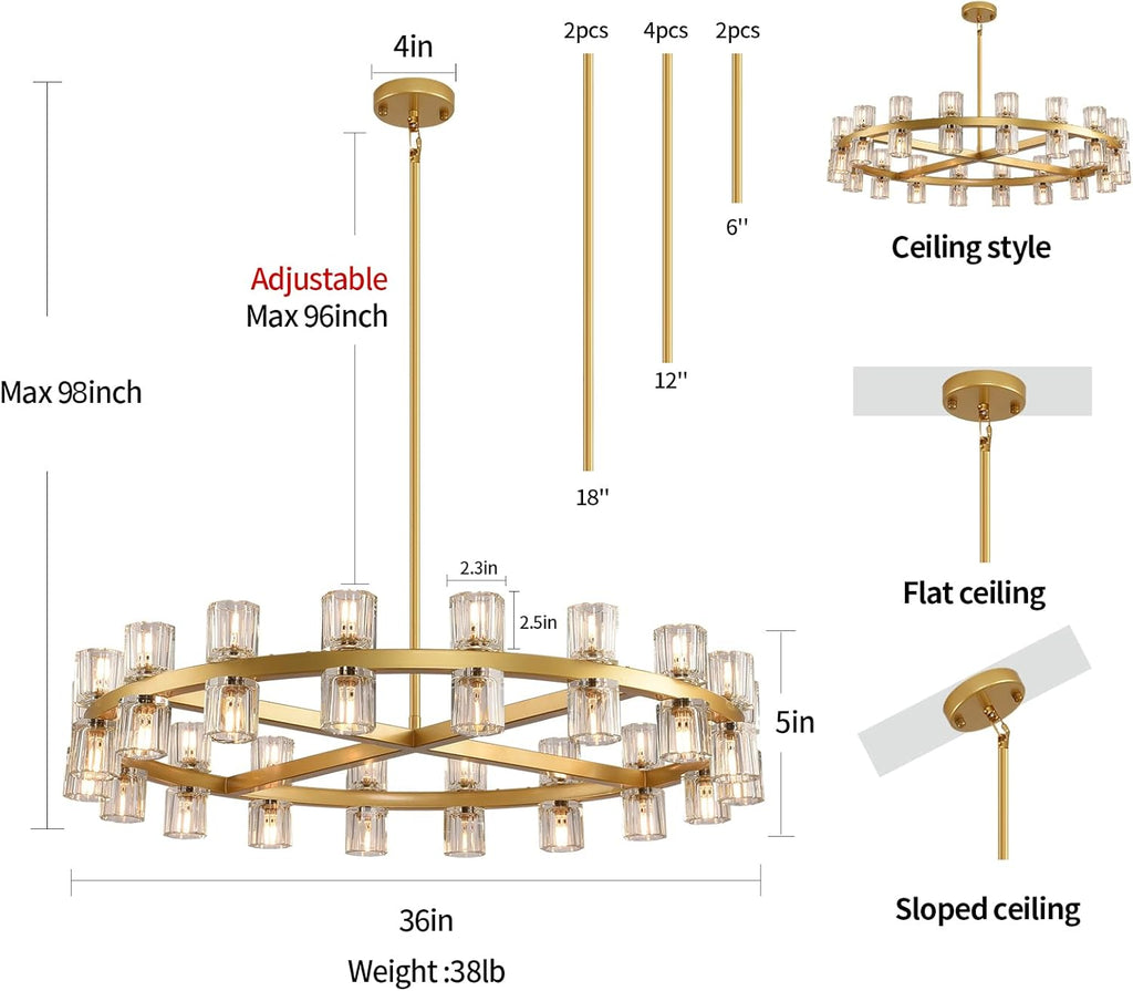 Modern Crystal Chandeliers 36in Gold Round Chandelier, Chandeliers for Dining Room, K9 Crystal Wagon Wheel Chandelier for Living Room,High Ceiling,Foyer,Entryway,Staircase (36xG4 Bulbs Included)