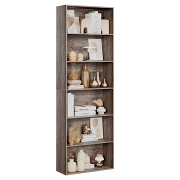 6 Tier Tall Bookshelf and Bookcase with Open Display Shelves, Oak