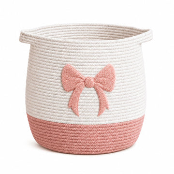 Pink Bow Baby Laundry Basket, Cotton Rope Nursery Hamper with Handles