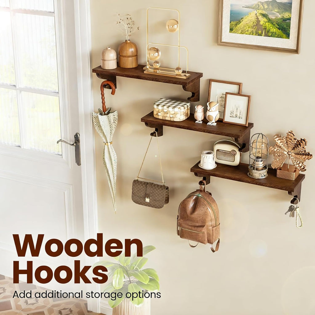 17-Inch Wood Floating Shelves for Wall 3-Pack, Light Walnut | Built-in hook brackets, pre-drilled easy assembly, 54