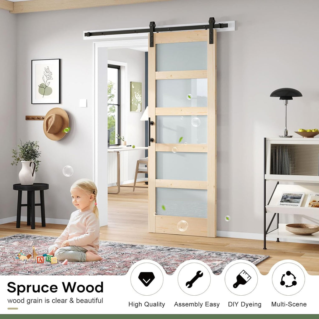 32x84 inch Glass Sliding Barn Door Slab with 5.5ft Hardware Kit Included, 5-Panel Frosted Glass, Spr