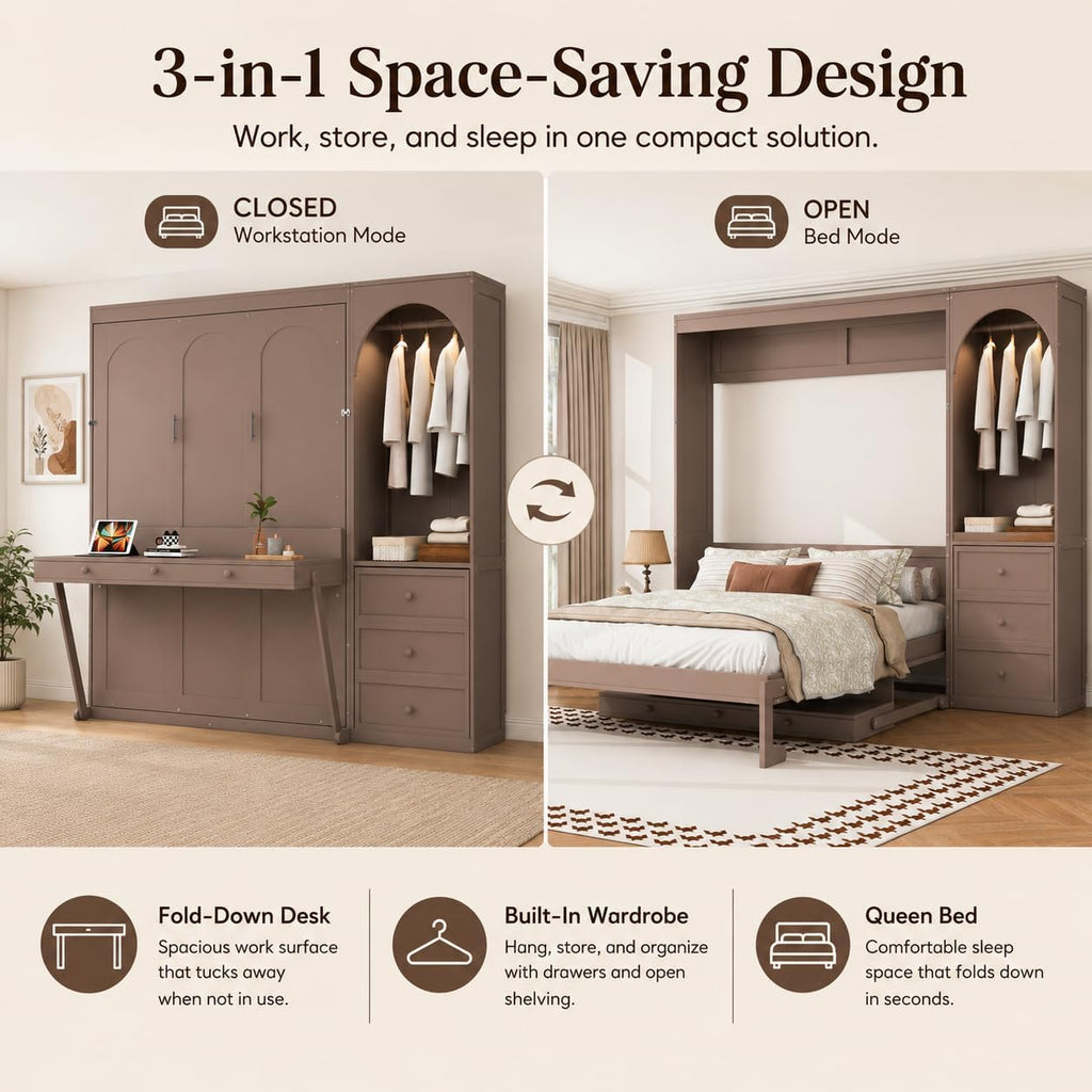 Queen Murphy Bed with Storage Shelf and 3 Drawers, Multifunctional Hidden Wall Bed with Desk and LED Light for Small