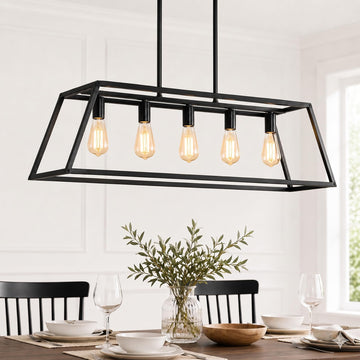Black Kitchen Island Lighting, 5-Light Farmhouse Chandeliers, Modern Industrial Linear Rectangle Pendant Light