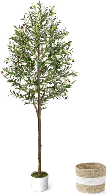 6FT Artificial Olive Tree - Indoor Tall Faux Olive Trees with Planter&Basket, Large Fake Olive Silk Tree Realistic