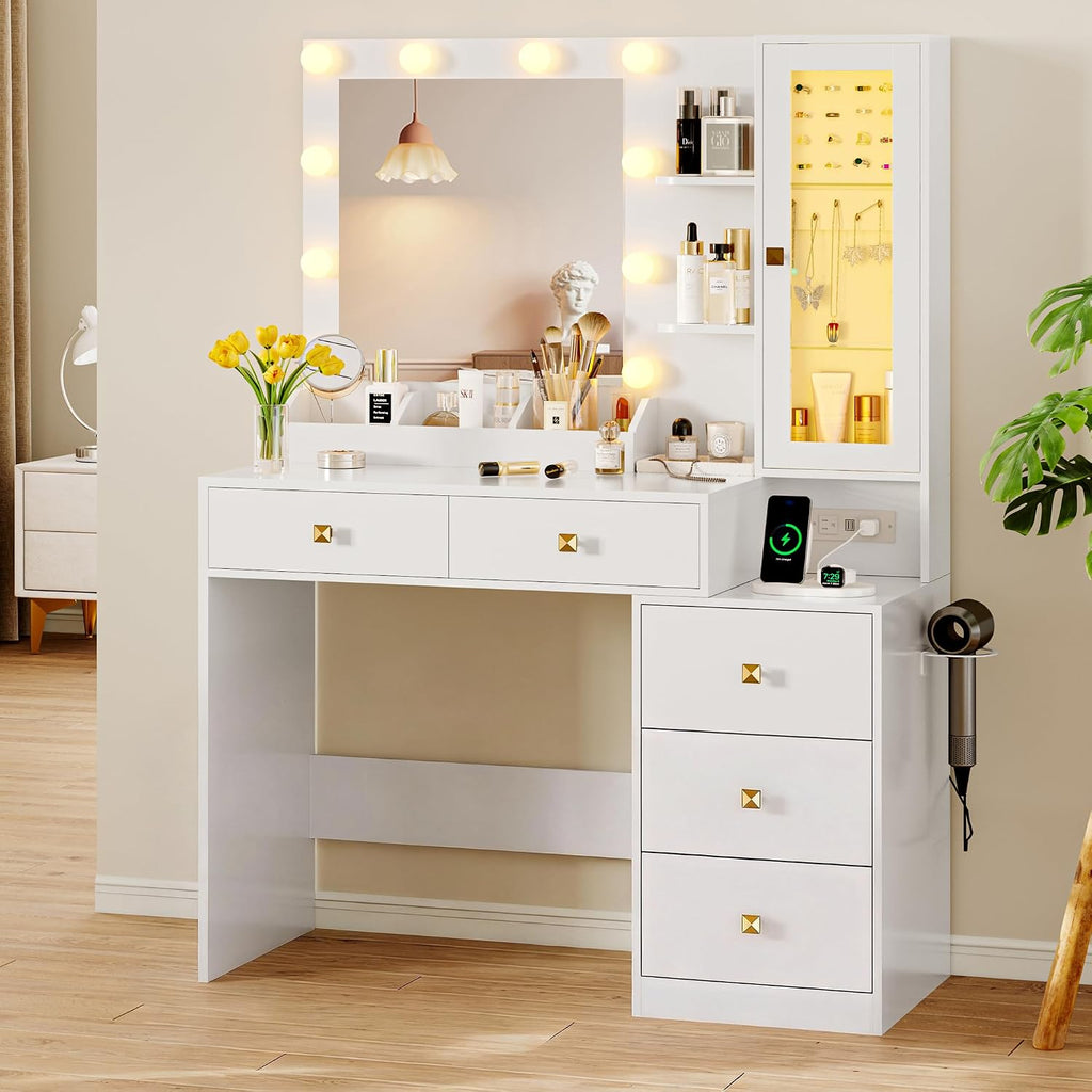 Vanity Desk with Mirror and Lights, Makeup Vanity Table Set with 5 Storage Drawers, Power Outlet, Small Dressing