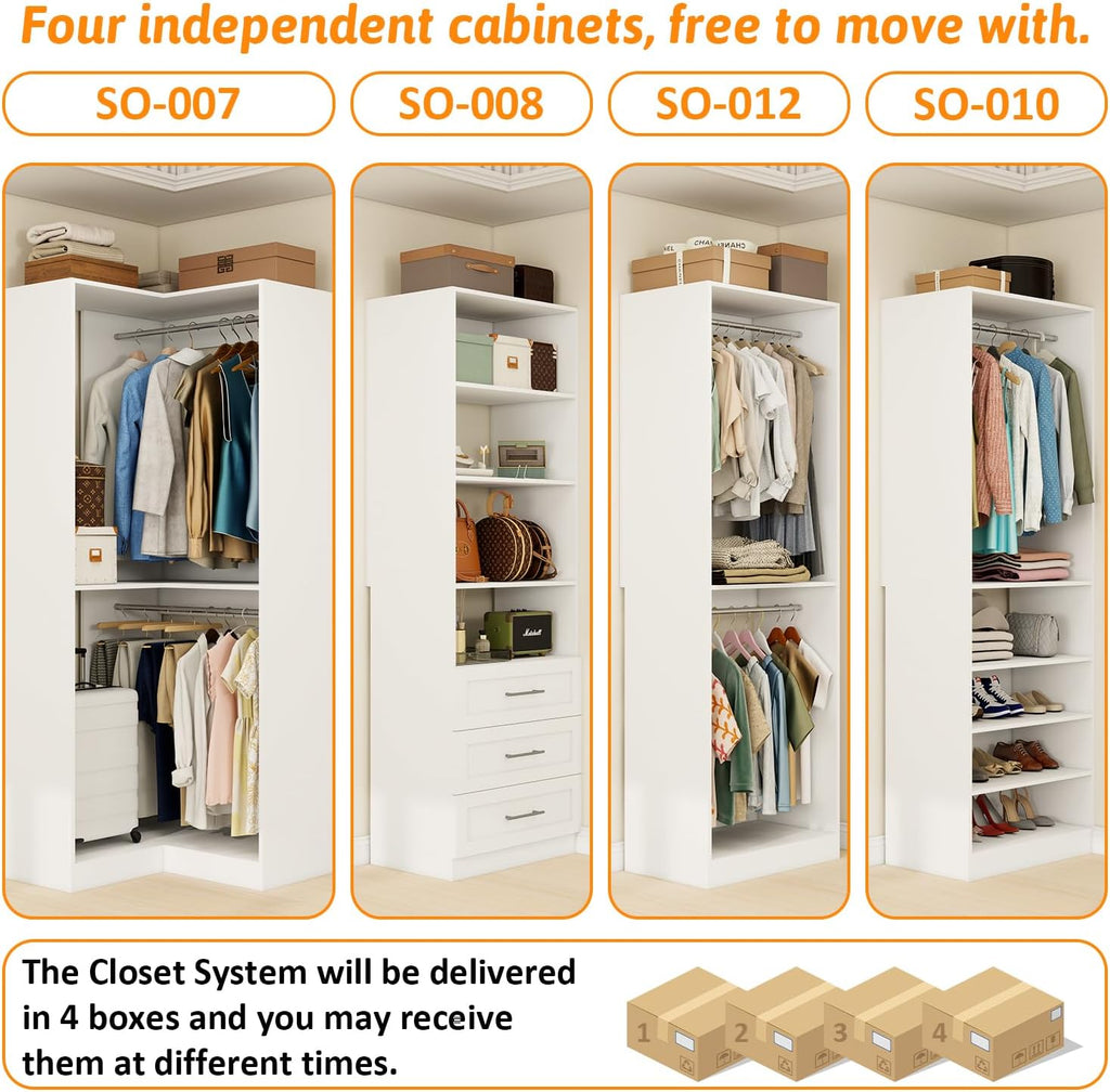 Closet Organizer System of 4 Sets with 3 Drawers, 9 Hanging Rods & 8 Shelves, 157" Walk in Closet System, Corner