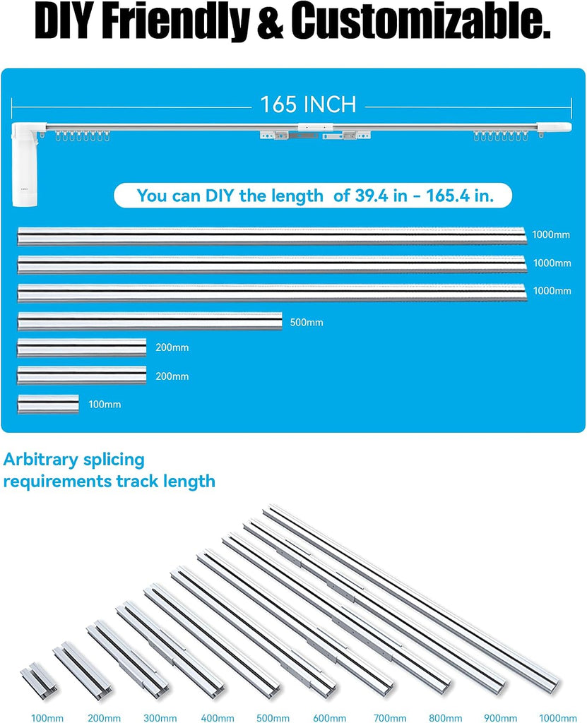 Curtain Rods for Windows up to 20"-165" Adjustable Length Electric Smart Curtain Track System with Remote, Motorized