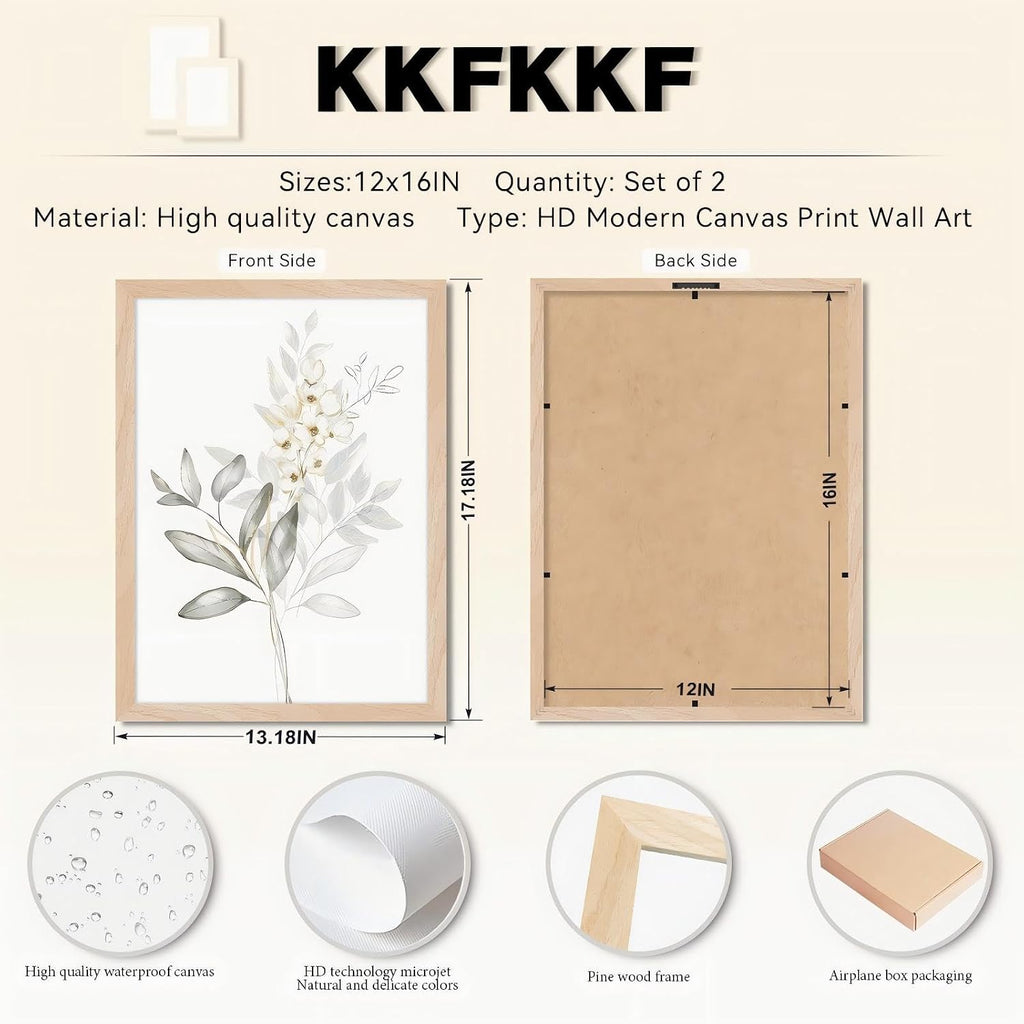Framed Botanical Wall Art Set of 2 Minimalist Floral Canvas Prints with Solid Wood Frame & Acrylic Cover, Neutral