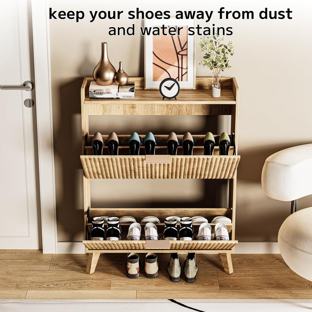 Fluted Shoe Cabinet Storage with 2 Flip Drawers, Wood Narrow Hidden Shoe Organizer with Adjustable Shelf