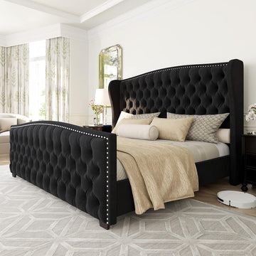 Queen Platform Bed Frame, Velvet Upholstered Bed with Deep Button Tufted & Nailhead Trim Wingback Headboard/No Box