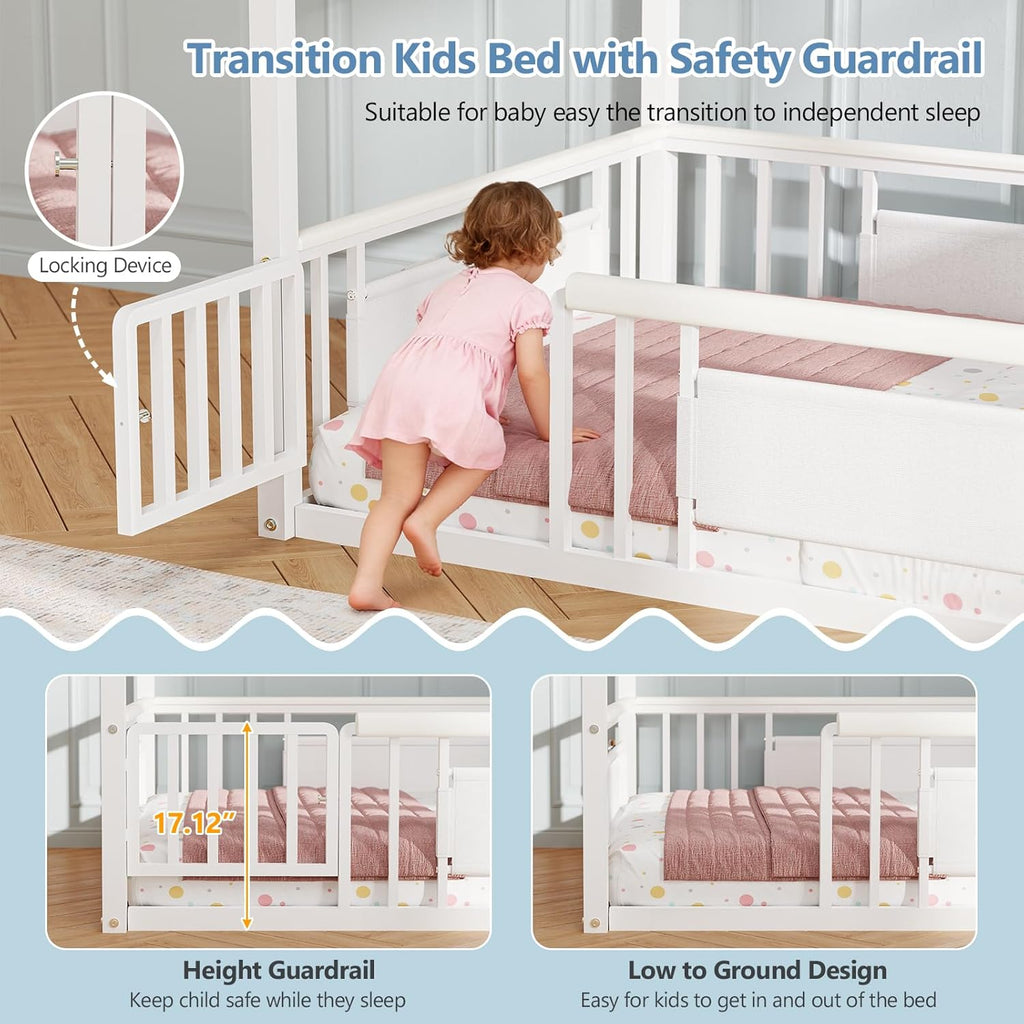 Twin Montessori Floor Bed with Storage Bookshelf and Globe String Lights House Shaped Floor Bed for Kids with Safety