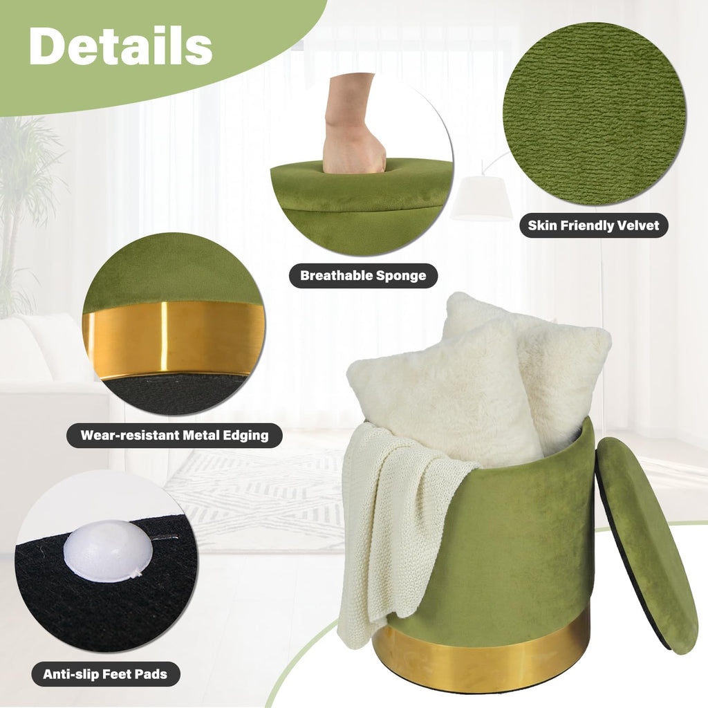 Round Ottoman with Storage Set of 2, Vanity Foot Stool with Storage, Nesting Upholstered Small Ottoman Foot Rest with