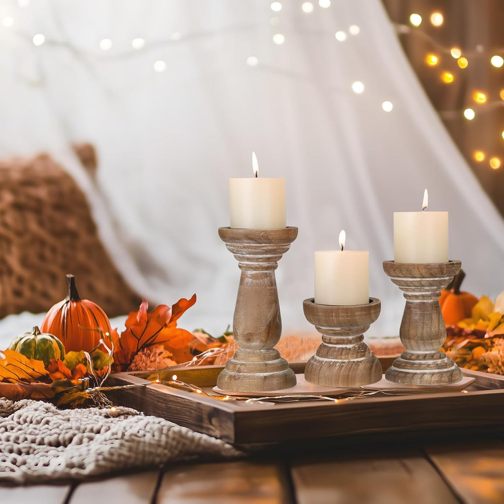 Candle Holder for Pillar Candle Set of 3, Farmhouse Wood Candle Holder, Rustic Wooden Candle Stand, Vintage Small