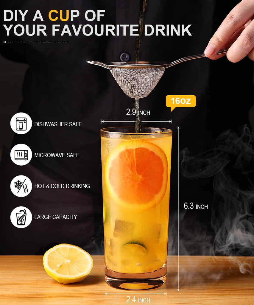 Drinking Water Glasses Set, Lead-Free Crystal Highball Glass, Tall Glass Cups for Cocktail Parties,Clear set of 8,16oz