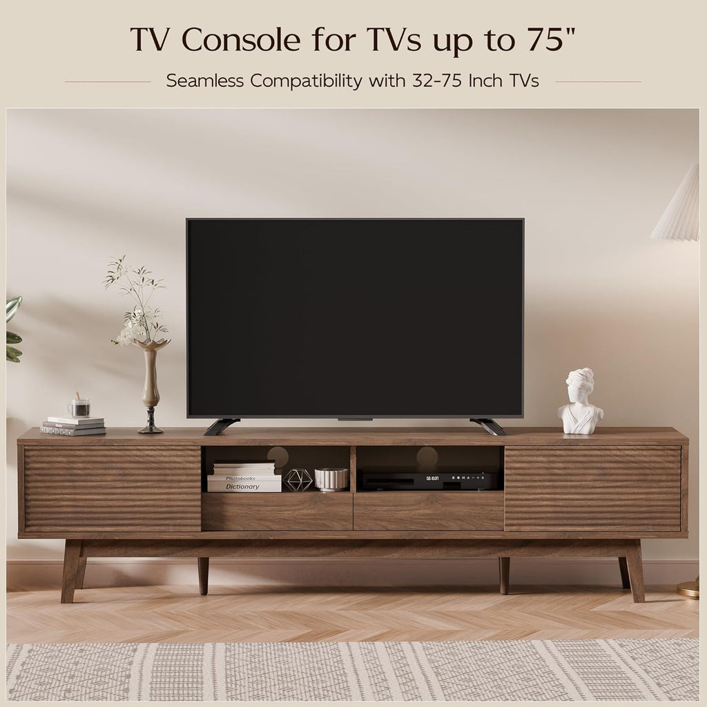 70" Mid Century Modern TV Stand for TVs up to 75 Inch, Low Profile Entertainment Center with Fluted Sliding Doors & Storage Drawers, Wood TV Console Table for Living Room, Walnut