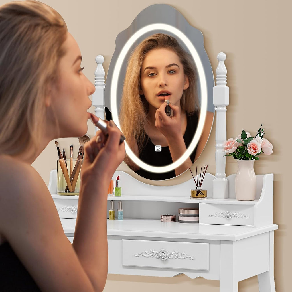 Vanity Desk with Mirror and Lights, Makeup Table with Cushioned Stool Set | Modern Vanity with 4 Drawers, 3 Color