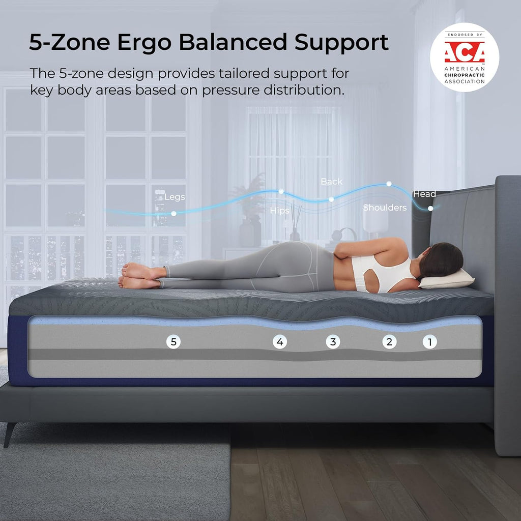 CoolNest Queen Mattress, 14 Inch Cooling Memory Foam Mattress | Cool Night Sleep, 5-Zone Ergo Support for Pressure