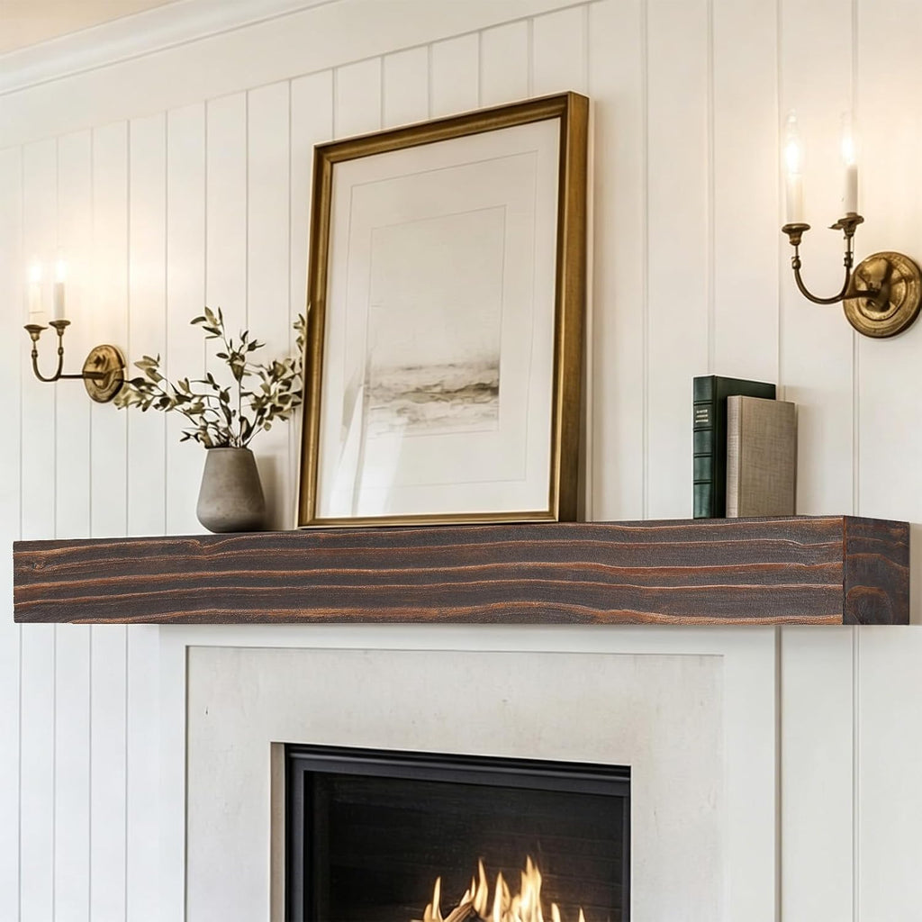 72" Solid Wood, Rustic Mantel Shelf Wall Mounted for Over Fireplace, Farmhouse Hanging Shelf, Rustic Brown