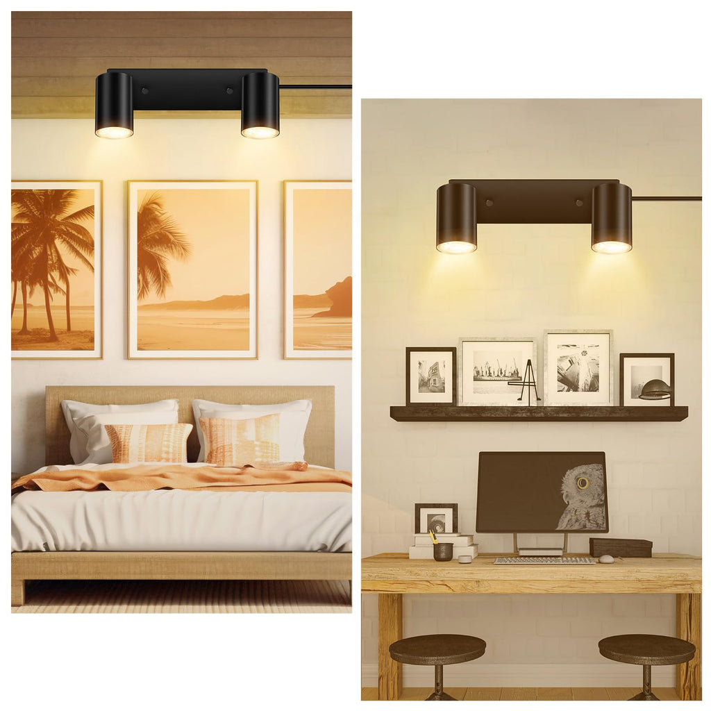 2 Light Track Lighting Kit,Black 2 Way Modern Plug in Ceiling Spotlight,Industrial LED Wall Light Cabinet Gallery Bar