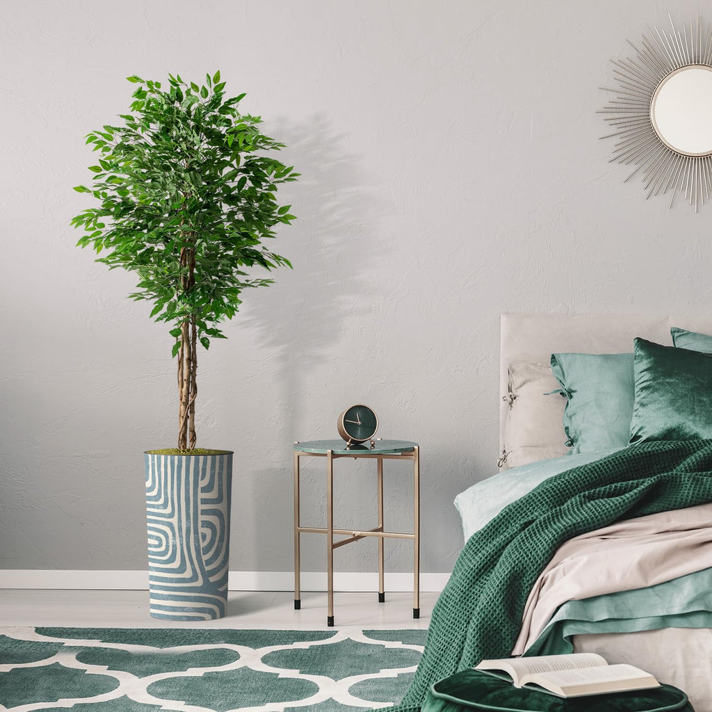 Artificial Tree in Geometric Pattern Planter, Fake Ficus Silk Tree for Indoor and Outdoor Home Decoration - 75"