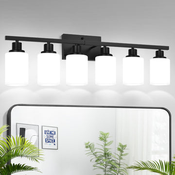 6-Light Bathroom Light Fixtures, Vanity Light with Milky White Shades, Matte Black Bathroom Light Fixtures Over