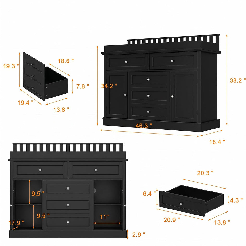46" Black Baby Changing Table Nursery Dresser with Removable Top | Large Dresser with 5 Storage Drawers and 2 Doors
