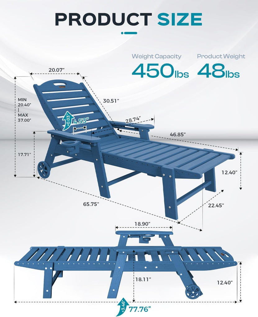 Oversized Outdoor Chaise Lounge Chair, HDPE Patio Chair with Wheels | Oversized outdoor HDPE chaise lounge with