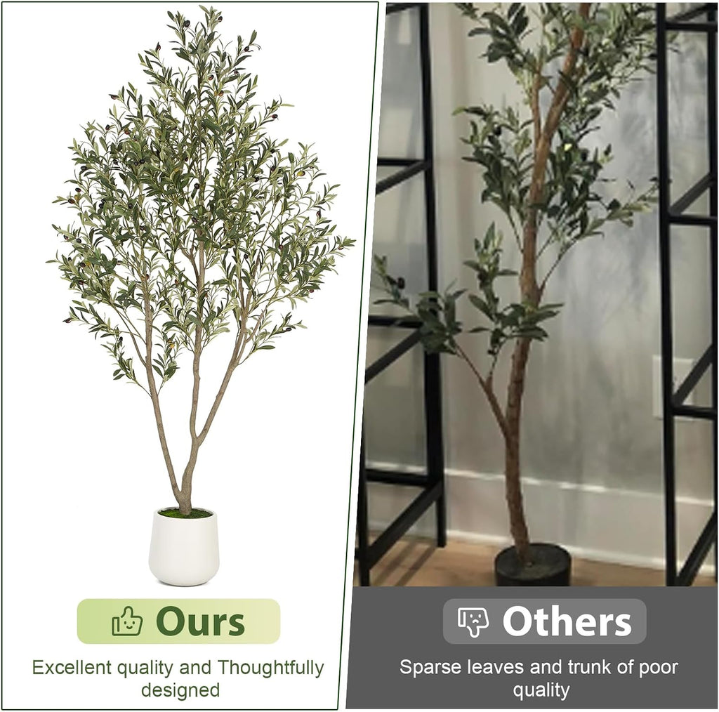 Olive Trees Artificial Indoor, 7FT Tall Faux Olive Tree with White Tall Planter, Artificial Plants with Natural Wood
