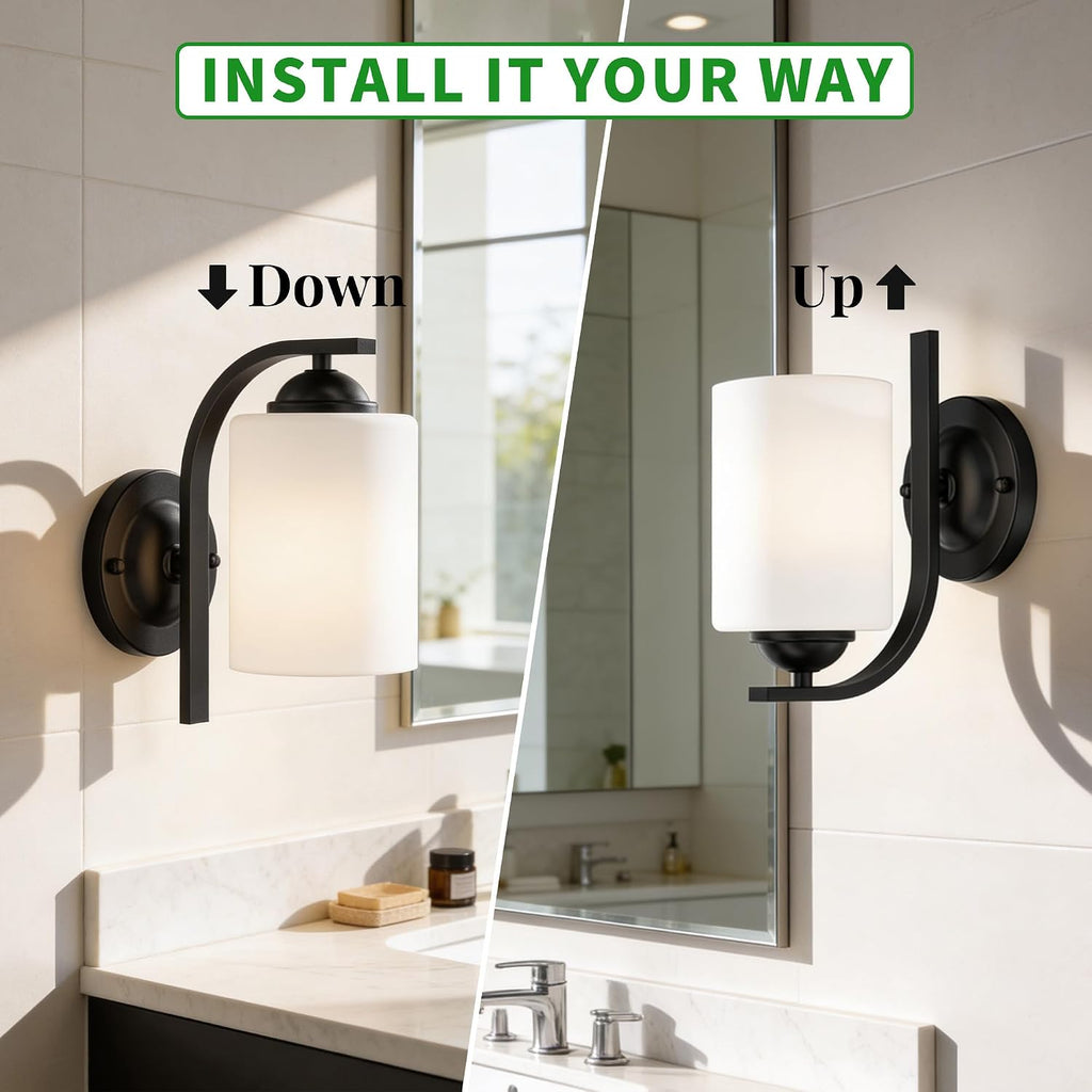 2-Pack Wall Sconces , Matte Black Farmhouse Wall Light Fixtures with Glass Shade, Modern Vanity Wall Lamps