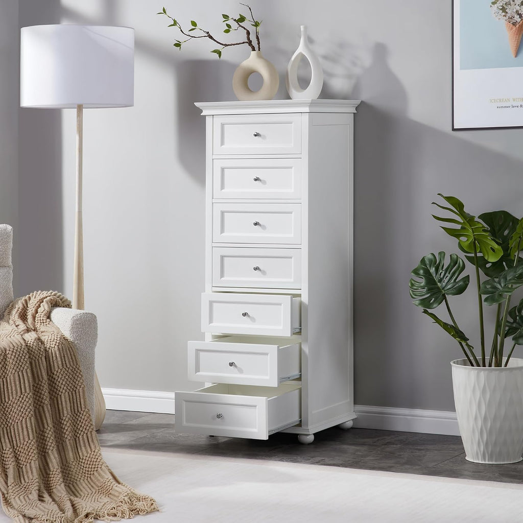 Tall White Dresser with 7 Drawers, 52" Tall Skinny Dresser | Modern White Tall Chest of Drawers Dresser,Wooden