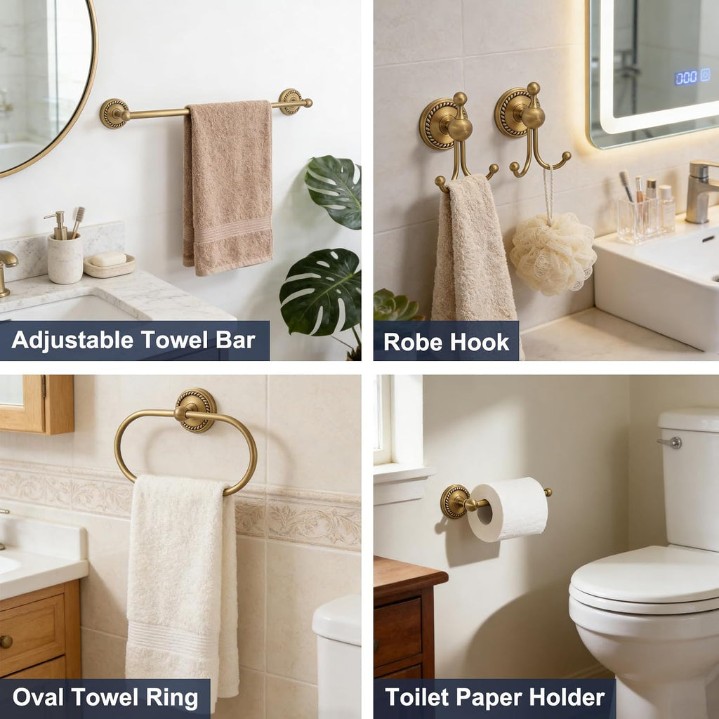 Antique Brass 4-Piece Bathroom Hardware Set Adjustable Towel Bar 13-24" | Vintage Gold Towel Bar, Oval Towel Ring