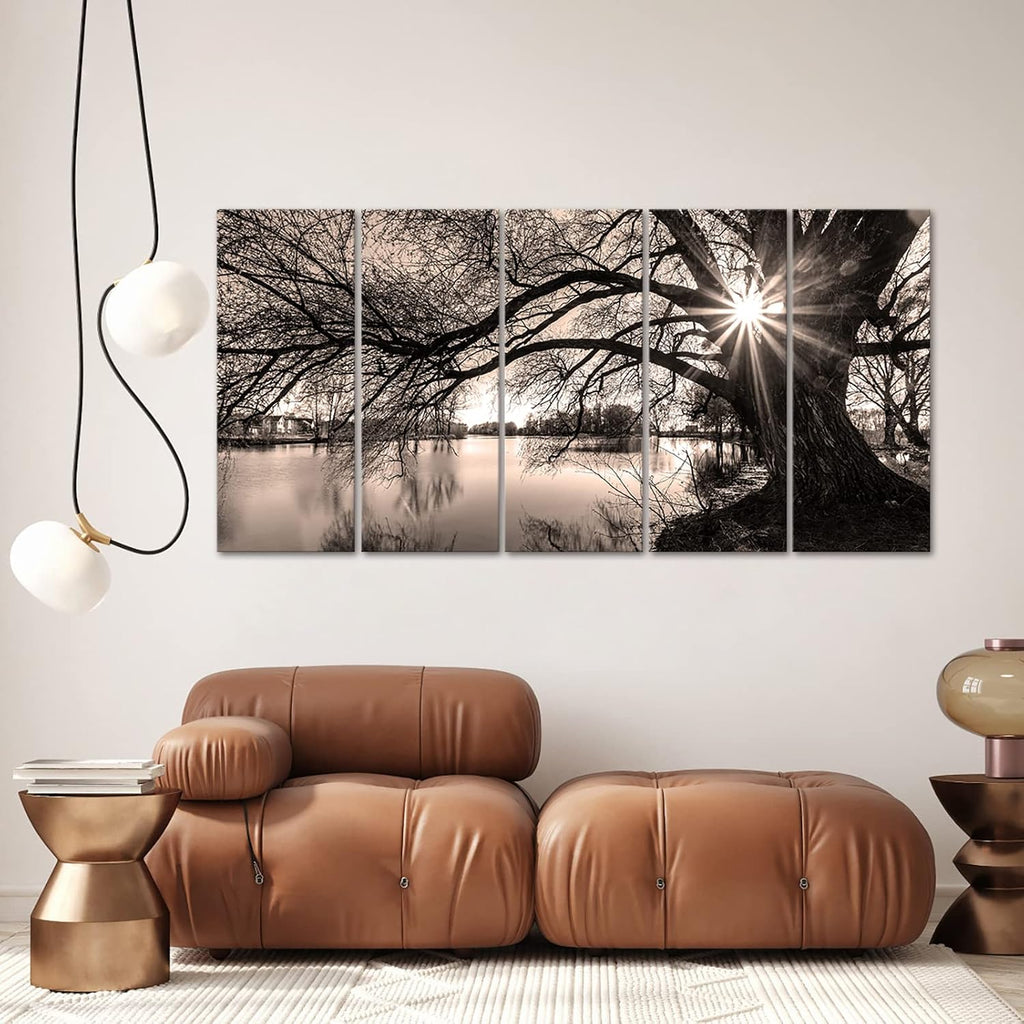 Extra Large 5 Piece Wall Art Old Tree by Lake Picture Canvas Prints Sepia Brown Sunrise Landscape Painting Art Modern
