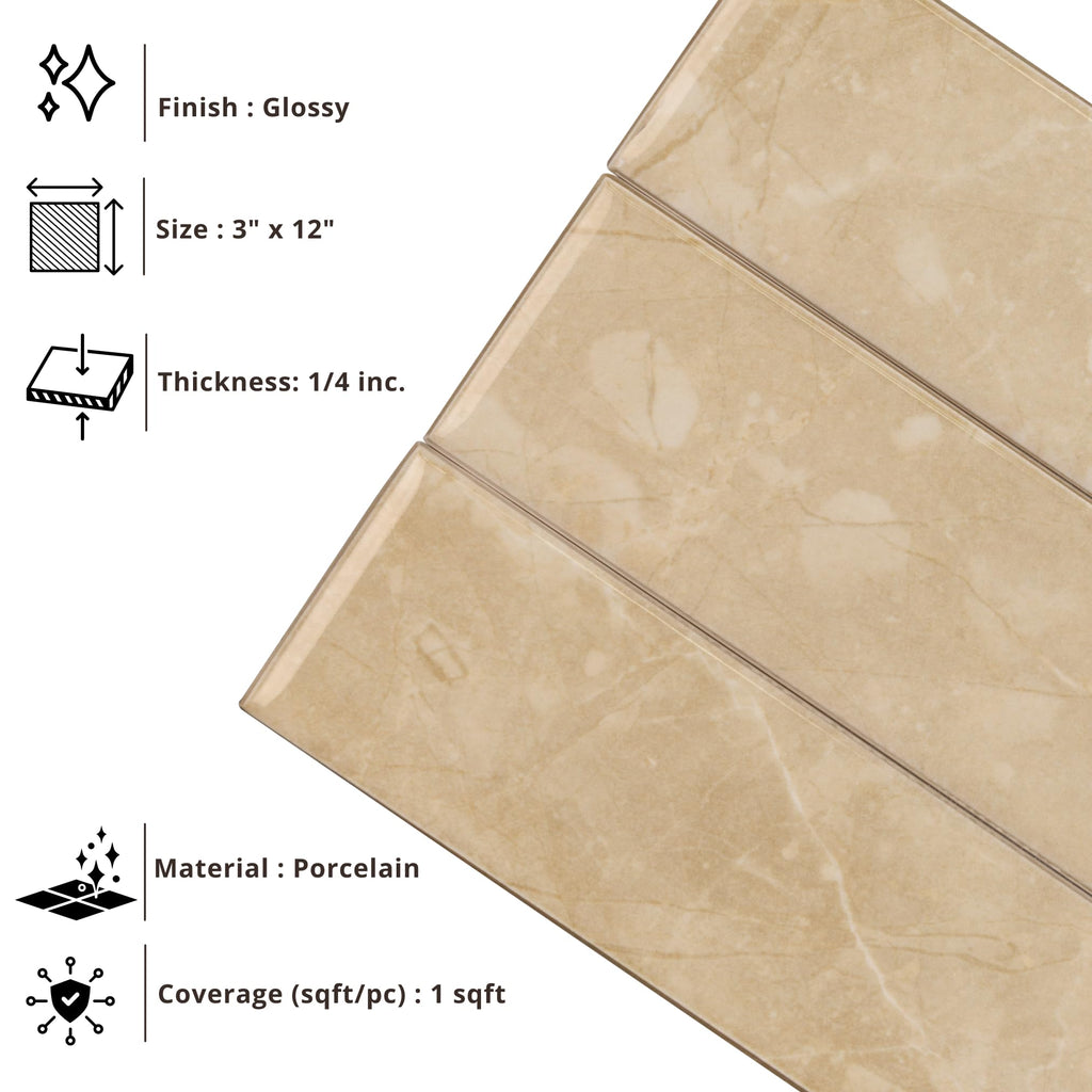 Soft Beige 3x12 Glossy Porcelain Subway Tile - Stone Look Wall Tile Backsplash, Bathroom & Shower Walls (50 Pieces