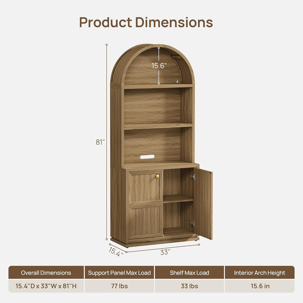 81" Tall Arched Bookcase, Large Bookshelves with Storage