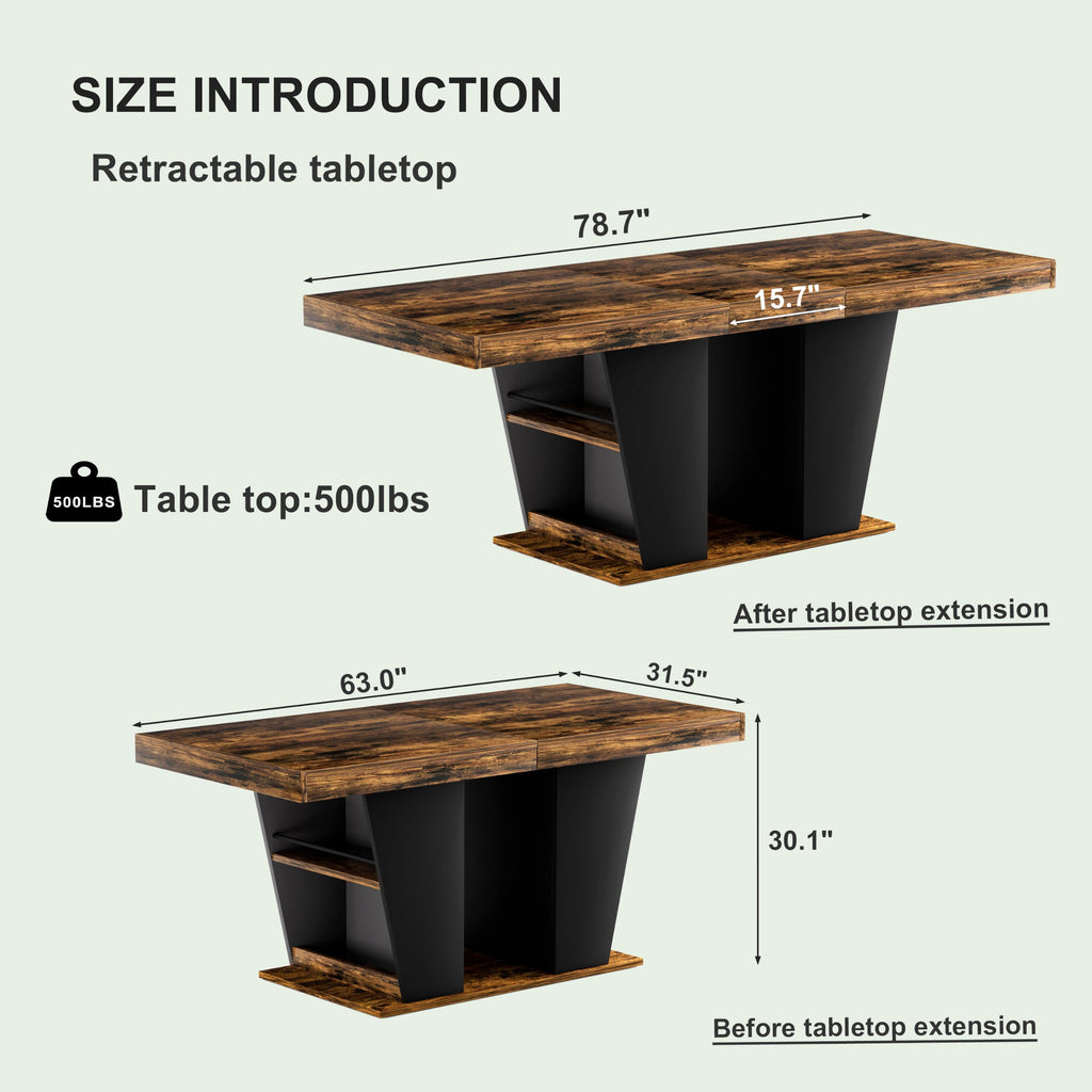 Extendable 9-Piece Dining Table Set, 63"-78.7" Farmhouse Kitchen Table with Storage Base & 8 Tufted Black Velvet
