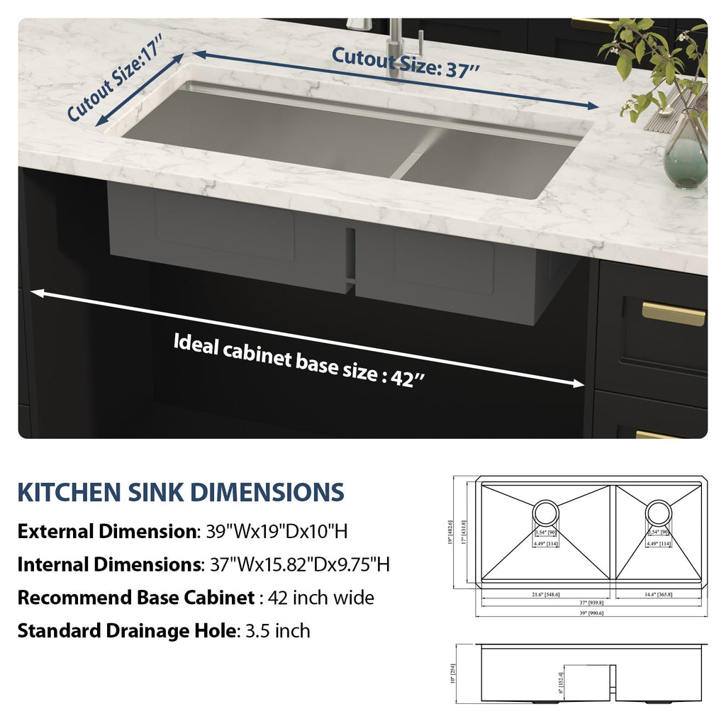 39" Double Bowl Undermount Kitchen Sink Large Workstation Sinks