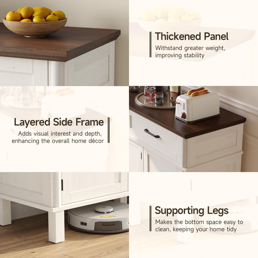 55 Inch Sideboard Buffet Cabinet with Storage, Off White & Walnut