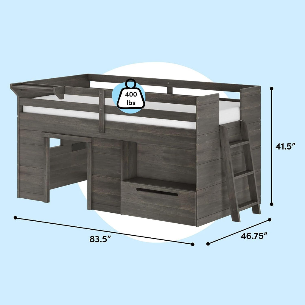 Loft Bed Twin, Solid Wood Low Loft Bed with Storage Drawer and Ladder, Modern Farmhouse Loft Bed for Kids, Driftwood