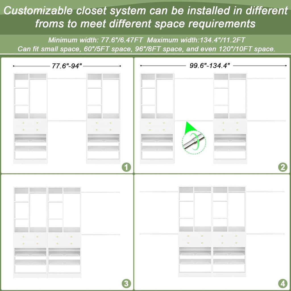 Closet System, Up to 134"/11.2 FT Closet Organizer with 4 Wooden Drawers and Shelves, Walk-in Closet System with 6