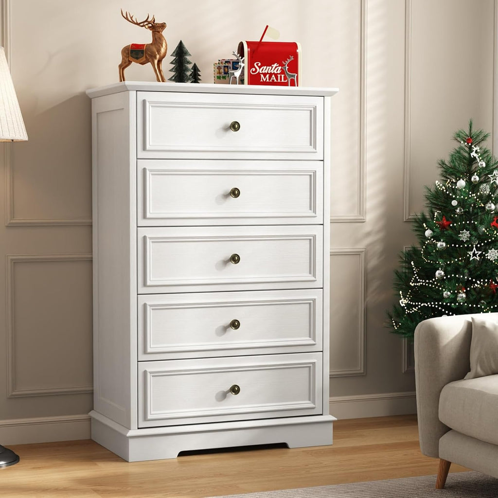 White Dresser , 44" Tall 5 Drawer Dresser, Wooden Chest of Drawers with Large Storage, Vertical Dressers for Closet
