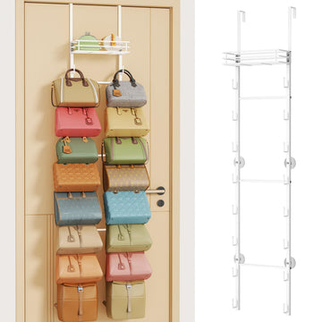Over the Door Purse Organizer - Wall Mounted Purse Rack with 16 Hooks and Metal Basket, Hanging Handbag Organizer