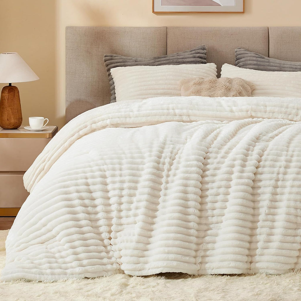Fleece King Comforter Set, Fluffy Bed Set, Cream White